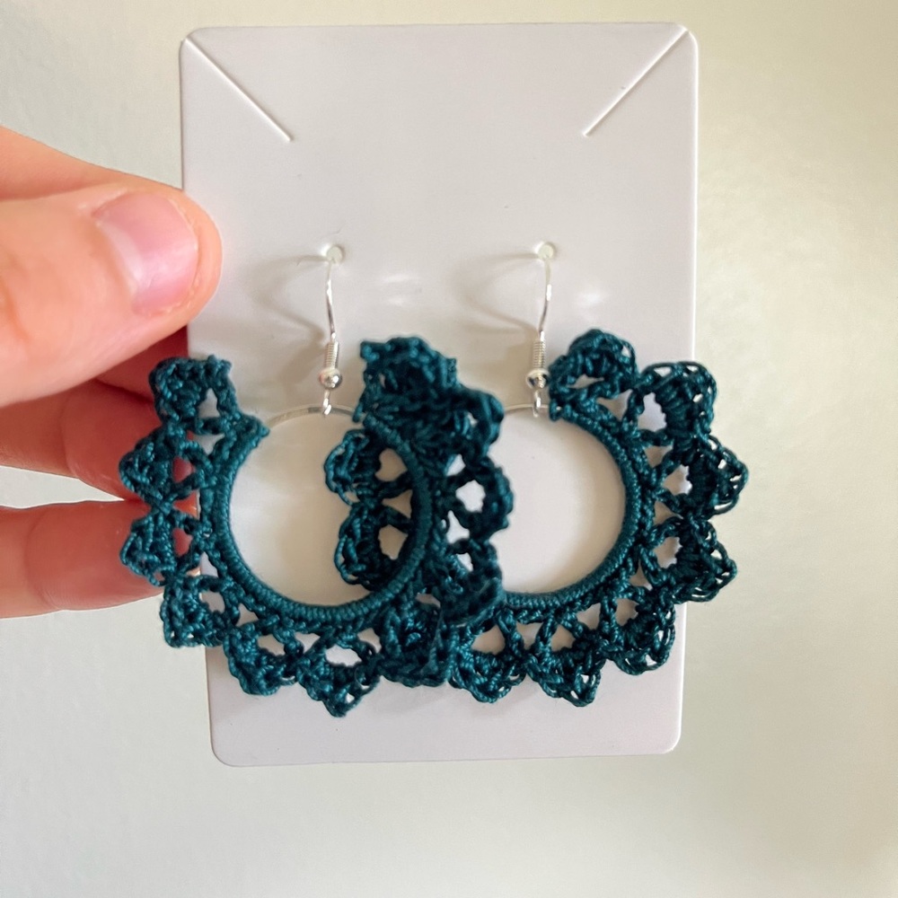 Handmade Crochet Hoop Earrings in Teal